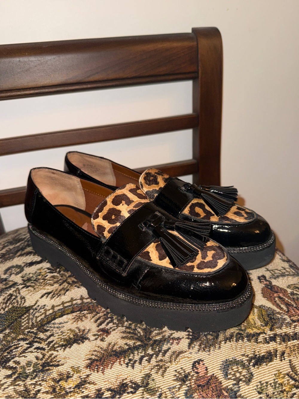 Franco Sarto Black Patent Leather Loafers with Leopard Print - Picture 3 of 14
